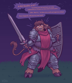 anthro armor belt breasts brown_body brown_fur brown_hair chainmail clothing dialogue female fur grass hair holding_melee_weapon holding_object holding_sword holding_weapon hooves horn knight looking_aside melee_weapon night open_mouth outside overweight overweight_anthro pauldron plant plate_armor red_clothing scabbard solo standing star sword tail text warrior weapon keffotin athena_(better_devils) bovid bovine cattle mammal 2021 digital_media_(artwork) english_text hi_res trans_(lore) trans_woman_(lore)