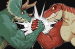 anthro arm_wrestling biceps bodily_fluids countershading duo green_body green_scales horn male male/male muscular muscular_anthro muscular_male nipples non-mammal_nipples pecs red_body red_scales red_sclera scales sweat teal_body teal_scales vein veiny_muscles yellow_sclera k0bit0wani ceratopsian dinosaur ornithischian prehistoric_species reptile scalie triceratops absurd_res hi_res