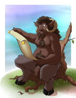 balls brown_body calm cloven_hooves facial_hair furry_balls genitals goatee hooves male penis plant reading scroll sitting sitting_on_stump tree tree_stump bravo aja forebucks faun satyr hi_res