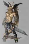 abs anthro armor biceps clothed clothing grey_background male melee_weapon muscular muscular_anthro muscular_male nipples pecs simple_background solo sword tail teal_eyes topless weapon ookami-kun unknown_species hi_res