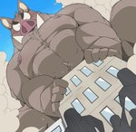 anthro belly blush brown_body brown_fur building cloud detailed_background fur group kemono macro male moobs nipples outside overweight overweight_male solo_focus taro_heppoko mammal suid suine sus_(pig) wild_boar 2025