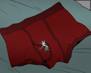 all_fours anthro bed briefs clothing fur furniture grey_body grey_fur male micro on_bed red_briefs red_clothing red_underwear shrinking_out_of_clothes shrunk solo underwear solacelunis beastars legoshi_(beastars) canid canine canis mammal wolf hi_res