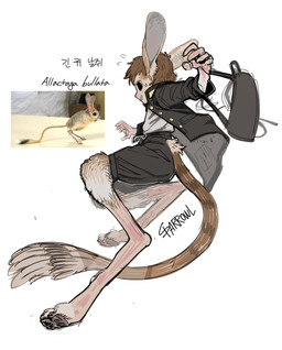 anthro backpack biped black_eyes bottomwear brown_hair clothed clothing hair jumping male shorts simple_background solo tail tail_tuft text tuft white_background sparrowl dipodid jerboa mammal rodent 2022 absurd_res english_text hi_res korean_text shaded
