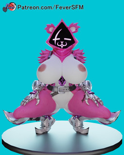 anthro areola big_breasts breasts claws clothing crouching eye_scar facial_scar female female_anthro fingers genitals gloves handwear nipples pink_areola pink_body pink_hood pink_nipples scar solo spread_legs spreading text vulva white_body feversfm epic_games fortnite cuddly_(fortnite) bear mammal 2024 3d_(artwork) digital_media_(artwork) hi_res url