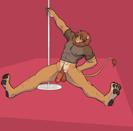 abs anthro balls bottomless clothed clothing fishnet_clothing flaccid genitals male muscular muscular_anthro muscular_male navel nipples one_eye_closed pawpads paws penis pubes simple_background solo stripper unknown_artist felid lion mammal pantherine source_request