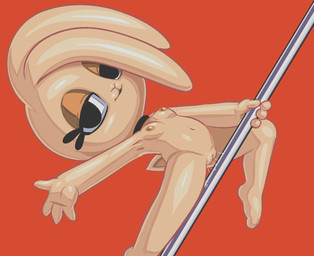 anthro bodily_fluids dancing female fur genital_fluids genitals looking_at_viewer pole pole_dancing simple_background smile smiling_at_viewer solo vaginal_fluids vulva yellow_body yellow_fur young young_anthro young_female rockthebull bonita_(gaturo) lagomorph leporid mammal rabbit 2026 adult_(lore)