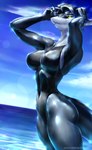 2022 anthro breasts clothed clothing day detailed_background digital_media_(artwork) equus female fish hi_res marine non-mammal_breasts outside shark sky swimwear