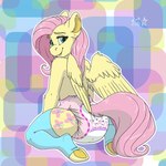 abstract_background anthro clothed clothing diaper feathered_wings feathers female kneeling legwear looking_at_viewer looking_back looking_back_at_viewer pattern_diaper smile solo stockings teeth wearing_diaper wings stargal_galexi friendship_is_magic hasbro my_little_pony mythology fluttershy_(mlp) equid equine lagomorph leporid mammal mythological_creature mythological_equine pegasus rabbit hi_res