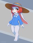 anthro big_hat biped blue_clothing blue_shirt blue_topwear bottomless bottomless_female bow_tie brown_hair buckteeth clothed clothing collared_shirt digitigrade dress_shirt eyebrows female floppy_ears genitals hair hat headgear headwear long_ears looking_at_viewer open_mouth pussy rosy_cheeks shirt short_hair simple_background solo standing sun_hat teeth topwear white_body young young_anthro young_female jamesfoxbr lagomorph leporid mammal rabbit 2025 hi_res