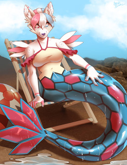 after_transformation anthro beach female fur fused_legs goo_transformation latex latex_transformation liquid_latex looking_at_self pink_body pink_fur solo species_transformation splash transformation wet white_body white_fur angrboda nintendo pokemon aquafresh_(sylve0n) generation_3_pokemon milotic pokemon_(species) hi_res