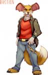 anthro big_tail bottomwear chain claws clothed clothing fur jacket jewelry looking_at_viewer male necklace pants paws pose shirt simple_background smile solo tail topwear tusks bastionshadowpaw tripwire_(character) canid canine elephant elephantid fox hybrid mammal pholidine porcupine proboscidean rodent hi_res