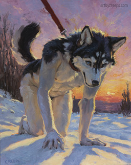 all_fours anthro bdsm black_body black_fur blue_eyes collar fur leash leashed_collar looking_at_viewer male nude_anthro nude_male outside petplay roleplay snow solo sunset tail white_body white_fur winter creeps canid canine canis domestic_dog husky mammal nordic_sled_dog spitz hi_res oil_painting_(artwork) painting_(artwork) traditional_media_(artwork) traditional_painting_(artwork)