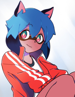anthro blue_body blue_eyes blue_hair brown_body brown_fur clothed clothing female fur hair multicolored_hair solo topwear akito_2ch brand_new_animal studio_trigger michiru_kagemori canid canine mammal raccoon_dog tanuki 2020