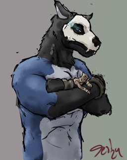 anthro black_body black_fur blue_body blue_eyes blue_fur bone brown_body brown_fur collar duo extreme_size_difference fur glowing glowing_eyes gradient_background looking_at_viewer macro macro_male male male/male micro micro_male red_text simple_background size_difference skull skull_head text white_body white_fur jeri_kleinlowe canid canine canis felid feline mammal wolf 2024 dated guide_lines hi_res signature