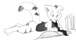 anthro bed biped bottomless clothed clothing crossgender furniture lying male markings necktie on_front reading simple_background solo tail white_background marshmallow_(artist) bittersweet_candy_bowl amaya_(bcb) domestic_cat felid feline felis mammal tabby_cat monochrome