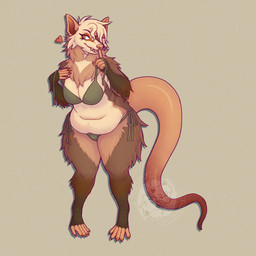 anthro bangs bedroom_eyes big_tail bikini breasts cleavage clothed clothing coy fangs female narrowed_eyes overweight pose seductive slightly_chubby solo standing swimwear tail teeth thick_thighs tied_bikini two-piece_swimsuit untied_bikini wide_hips coywolfy american_opossum mammal marsupial 1:1 hi_res