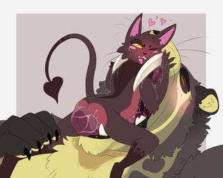 anthro arm_tuft black_eyebrows black_lips blush bodily_fluids brown_body brown_fur cheek_tuft duo elbow_tuft eyebrows facial_tuft fangs fur green_body green_fur grey_body grey_fur head_tuft in_mouth leg_markings lips looking_pleasured male male_anthro markings mouth_play muscular muscular_anthro muscular_male narrowed_eyes nude one_eye_closed pink_inner_ear red_body red_fur saliva saliva_on_arm saliva_on_butt saliva_on_tongue simple_background size_difference slim_anthro slim_male socks_(marking) spade_tail tail teeth tuft swampjaws swamp_jaws_(imperatorcaesar) felid mammal 5:4 hi_res