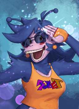 5_fingers antennae_(anatomy) anthro arm_tuft blue_body blue_fur blush blush_stickers clothed clothing ear_piercing elbow_tuft eyewear female fingerless_gloves fingers fur gloves handwear lens_flare open_mouth open_smile orange_eyes piercing shirt smile solo sunglasses text text_on_clothing text_on_shirt text_on_topwear topwear tuft redustheriotact blucose_(renigma) alien haplorhine mammal monkey primate 2021 hi_res