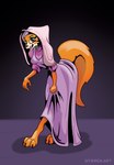 anthro choker claws clothed clothing dress female hood jewelry licking licking_lips long_dress looking_at_viewer necklace paws pose raised_tail simple_background solo tail tail_under_skirt tongue tongue_out stirren maid_marian canid canine fox mammal hi_res pinup