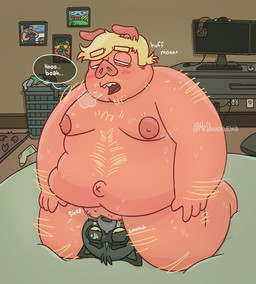 anthro baseboard bed blush body_hair dialogue duo fellatio fluid_on_face furniture irrumatio male male/male moobs nude_anthro nude_male obese obese_anthro obese_male oral overweight overweight_anthro overweight_male penile penis_in_mouth sex smothering speech_bubble wall_(structure) rigbylaveur codey_(rigbylaveur) ludovic_(rigbylaveur) mammal procyonid raccoon suid suine sus_(pig) digital_drawing_(artwork) digital_media_(artwork)