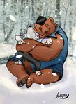 anthro bottomwear brown_body brown_fur clothing duo eyes_closed fur hug kemono male overweight overweight_male pants sitting lentejota6 bear canid canine canis mammal wolf 2020 absurd_res hi_res