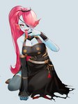 5_fingers blue_background blue_body blue_scales breasts clothed clothing cosplay crown dress ear_fins eye_patch eyelashes eyewear fangs female fin fingers hair hair_over_eye headgear humanoid_hands legwear long_hair long_tongue on_ground one_eye_obstructed red_eyes red_hair scales simple_background solo teeth tongue tongue_out yellow_sclera zeragoes hololive hololive_en undertale undertale_(series) vtuber mori_calliope undyne fish humanoid marine 2022 absurd_res digital_media_(artwork) hi_res