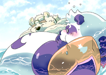 anthro belly blush duo embarrassed eyewear glasses inflatable male male/male outside overweight overweight_male pool_float seascape sky swimming swimming_pool water kusarikakemono lifewonders tokyo_afterschool_summoners alp_(tas) leib_(tas) bear giant_panda mammal polar_bear ursine