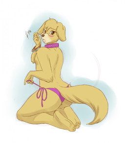 anthro biped blush butt clothed clothing collar crossdressing eyewear femboy glasses kneeling looking_at_viewer looking_back looking_back_at_viewer male panties rear_view simple_background solo studded_collar studs underwear lavenderpandy jack_mauer bird_dog canid canine canis domestic_dog golden_retriever hunting_dog mammal retriever digital_media_(artwork) hi_res