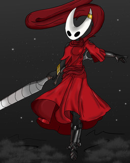 anthro arm_outstretched armor black_body black_eyes bracelet breasts cloak clothed clothing empty_eyes exoskeleton exposed_thighs female gauntlets gloves grass handwear horn horn_jewelry jewelry nail_(weapon) night plant red_clothing sabatons sash scarf solo star weapon white_head maksf hollow_knight_(franchise) team_cherry hornet_(hollow_knight) arachnid arthropod spider 4:5 hi_res