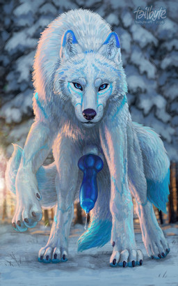 3_tails animal_genitalia animal_penis balls blue_eyes bodily_fluids canine_genitalia canine_penis claws erection feral fur genital_fluids genitals knot knotted_penis looking_at_viewer male markings multi_tail outside pawpads paws penis plant precum sheath snow solo tail tree white_body white_fur tailbyte canid canine canis mammal wolf 5:8 absurd_res digital_media_(artwork) digital_painting_(artwork) hi_res painting_(artwork) shaded signature