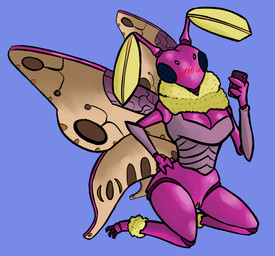 anthro blue_eyes blush bottomless clothed clothing female genitals partially_clothed pink_body pose selfie simple_background sitting solo vulva mr.pp arthropod insect lepidopteran moth rosy_maple_moth pinup
