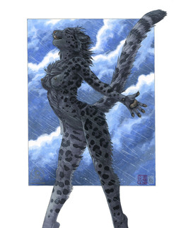 anthro biped black_body black_fur breasts casual_nudity chest_tuft cloud eyes_closed female fur headwind leopard_spots melanistic nipples nude outside raining sky skyscape solo spots standing storm tail teeth tuft water wet wind kacey felid leopard mammal pantherine 2010