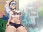 alter_ego bottomwear breasts clothing hair hat headgear headwear hotpants intersex long_hair reflection shark_tail sharp_teeth shorts standing streetwear tail teeth transformation drawpanther frosty_(sharky) fish human hybrid mammal marine shark 4:3