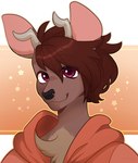 anthro antlers brown_body brown_fur brown_hair chest_tuft clothing fur hair happy horn male purple_eyes simple_background smile solo tan_body tan_fur topwear tuft stariikat scratch21 ed_(scratch21) deer mammal 2021 bust_portrait digital_drawing_(artwork) digital_media_(artwork) hi_res portrait