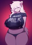 anthro big_breasts blush bodily_fluids breasts clothed clothing curvy_figure female fur gradient_background hair hair_over_eye hair_over_eyes huge_breasts lactating lactating_through_clothing lipstick makeup mature_anthro mature_female milk_stream navel one_eye_obstructed panties red_background shirt simple_background slightly_chubby smile solo standing teeth text text_on_clothing text_on_shirt text_on_topwear thick_thighs topwear underwear voluptuous wet wet_clothing wet_shirt wet_topwear white_body white_fur wide_hips tsudamaku mega_milk mama_susu canid canine canis domestic_dog mammal nordic_sled_dog samoyed spitz 2018 english_text hi_res meme