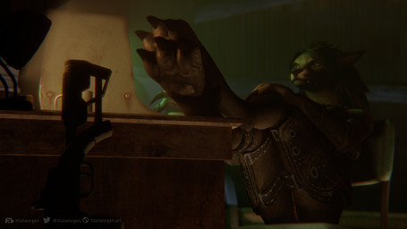 3_toes anthro black_hair black_nose blue_eyes clothing computer desk digitigrade ears_back electronics feet female fur furniture genitals grey_body grey_fur hair hindpaw inside leather leather_clothing pawpads paws pivoted_ears solo table toes vulva thatworgen blizzard_entertainment warcraft destiney_crawford_(thatworgen) canid mammal werecanid werecreature worgen 16:9 2021 3d_(artwork) 4k absurd_res autodesk_3ds_max_(artwork) digital_media_(artwork) hi_res watermark widescreen