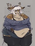 2_horns accessory anthro antlers belly belly_overhang big_belly big_breasts biped black_bra black_clothing black_legwear black_thigh_highs black_underwear blue_eyes bob_cut bottomwear bra bra_straps breasts brown_body brown_fur button_(fastener) cleavage clothed clothing curvy_figure denim denim_bottomwear denim_clothing denim_shorts ear_piercing ellipsis embarrassed female fur grey_background hair hair_accessory hairband horn huge_thighs legwear looking_at_self looking_down_at_self markings mole_on_cheek narrowed_eyes navel neck_tuft obese obese_anthro obese_female open_bottomwear open_clothing open_shorts overweight overweight_anthro overweight_female piercing shorts simple_background solo spots spotted_body spotted_fur standing struggling_to_fit tan_body tan_fur thick_thighs thigh_highs tight_clothing topwear tuft undersized_bottomwear undersized_clothing underwear wardrobe_malfunction weight_conscious weight_gain white_hair wide_hips mexifurfoof mk_artichoke third-party_edit belle_(mexifurfoof) deer mammal 2023 color_edit colored digital_drawing_(artwork) digital_media_(artwork) portrait three-quarter_portrait