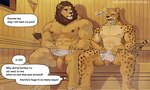 18plusplus 2022 5:3 abs anthro balls cheetah circumcised dialogue duo english_text felid feline flaccid genitals humanoid_genitalia humanoid_penis lion male male/male mammal mostly_nude muscular muscular_anthro muscular_male navel nipples pantherine pecs penis sauna sitting text towel