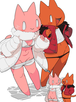 anthro clothed clothing duo female jacket open_mouth orange_body panties pantsless pantsless_anthro pink_body smile smiling_at_another smiling_at_each_other suggestive_pose topwear underwear qadyx 2channel domestic_cat felid feline felis mammal 3:4 colored digital_media_(artwork) hi_res