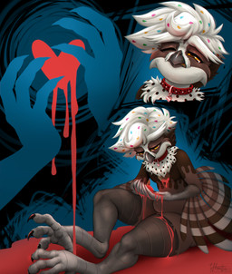 anthro blood blood_puddle bodily_fluids claws crying darkness depression feathers food gore heart_symbol male organs sad solo tears vent_art wings himitsuarts ceilo_(wafflezcol) avian bird food_creature owl pulsatrix spectacled_owl true_owl absurd_res hi_res