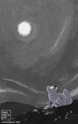 ambiguous_gender feral looking_at_moon looking_up moon night outside quadruped sitting sitting_on_ground solo star starry_body canisfidelis unknown_species 2025 absurd_res hi_res monochrome