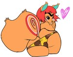 anthro beady_eyes big_butt big_tail black_eyes bottomwear buckteeth butt clothing eyebrows eyelashes female fur hair heart_symbol looking_at_viewer looking_back looking_back_at_viewer mostly_nude orange_body orange_fur panties pattern_bottomwear pattern_clothing pattern_panties pattern_underwear rear_view red_hair rosy_cheeks short_hair simple_background smile solo tail teeth thick_thighs underwear unibrow white_background wide_hips yellow_clothing yellow_panties yellow_underwear artevymutton animal_crossing nintendo hazel_(animal_crossing) mammal rodent sciurid tree_squirrel hi_res