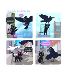 ambiguous_gender asking_for_money black_body black_feathers black_fur city city_background collar comic_panel demanding dialogue eyes_closed feathers feral fur green_eyes heart_symbol leaf pawpads paws plant road simple_background solo speech_bubble text toony vines whiskers white_background window shanhorandraws little_kitty_big_city crow_(lkbc) little_kitty_(lkbc) avian bird corvid corvus_(genus) crow oscine passerine 2025 comic english_text hi_res official_art