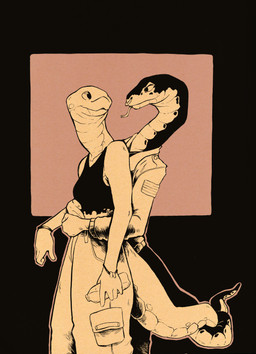 anthro duo entwined_tails facial_piercing female hug hugging_another hugging_from_behind male male/female nose_piercing piercing tail tail_coil tongue tongue_out ev_bright colubrid garter_snake hog-nosed_snake reptile scalie snake absurd_res hi_res huge_filesize traditional_media_(artwork)