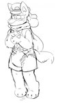 anthro blush blush_lines bodily_fluids clean_diaper clothed clothing diaper ears_up embarrassed fur hat headgear headwear male nervous paws scarf simple_background solo standing sweat sweatdrop tail wearing_diaper white_background slusheep nintendo pokemon generation_4_pokemon lucario pokemon_(species) 2017 hi_res monochrome sketch