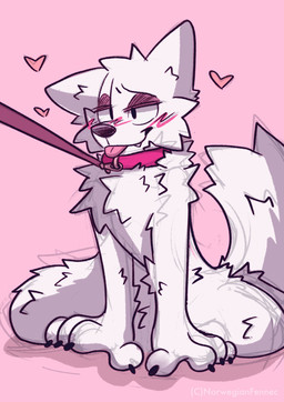 4_fingers anthro black_claws black_eyes blep blush blush_lines cheek_tuft chest_tuft claws collar cute_fangs facial_tuft fangs fingers fluffy fluffy_tail fur heart_symbol leash leashed_collar male narrowed_eyes pink_background pink_collar pink_leash simple_background sitting smile solo tail teeth text tongue tongue_out tuft white_body white_fur norwegianfennec canid canine mammal 2025 artist_name hi_res