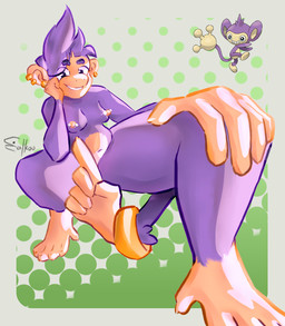 anthro belly biped breasts covering covering_crotch ear_piercing female fur hand_on_chin hand_on_knee hand_on_leg looking_at_viewer navel nipple_piercing nipples nude_anthro piercing purple_body purple_fur shush simple_background small_breasts solo tail tail_hand unusual_anatomy unusual_tail ealkoo nintendo pokemon aipom generation_2_pokemon pokemon_(species)