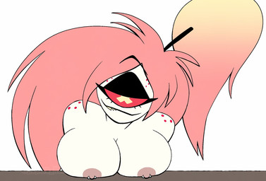 1_eye areola barbell_piercing bedroom_eyes big_breasts black_eyelids blonde_hair blue_eyes breast_focus breast_rest breasts cartoon_freckles eyelashes female freckled_face freckled_shoulders freckles gradient_hair hair huge_breasts long_eyelashes long_hair looking_at_viewer narrowed_eyes nipple_piercing nipples not_furry nude nude_female nude_humanoid piercing pink_hair red_sclera seductive simple_background smile solo white_background white_body white_skin x_pupils poparc_nsfw hazbin_hotel hellaverse cherri_bomb_(hazbin_hotel) cyclops demon humanoid sinner_demon 2025 hi_res