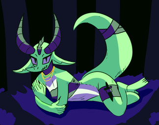 4_toes 5_fingers anthro biped bra butt claws clothed clothing dagger feet female fingers flat_chested grass horn jewelry looking_at_viewer lying melee_weapon necklace no_underwear plant solo tail thick_tail toe_claws toes underwear weapon xerx confetticoffin kobold reptile scalie hi_res