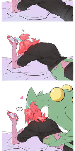 accessory anthro bed blush blush_lines bottomwear caressing clothed clothing clothing_lift duo ear_piercing ear_stud fully_clothed furniture hair hair_accessory hair_tie heart_symbol holding_waist human_on_anthro interspecies long_hair lying male male/male on_bed on_front on_phone pants piercing pillow raised_clothing raised_shirt raised_topwear relaxing shirt shirt_lift simple_background surprised tied_hair topwear waist_grab white_background laiweitui nintendo pokemon a_mu_(laiweitui) fang_yuan_(laiweitui) generation_3_pokemon generation_4_pokemon human mammal pokemon_(species) reptile rotom rotom_phone scalie sceptile hi_res